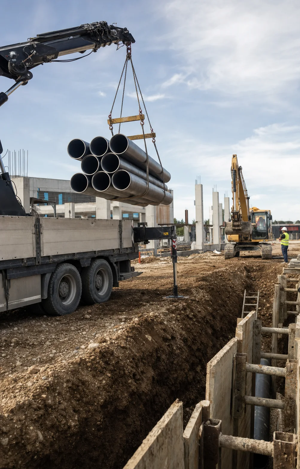Koordynowana dostawa rur na plac budowy sieci zewnętrznych